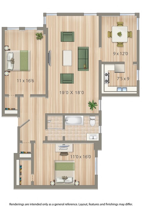 Floor plan for 2 beds, 1 bath, 1055 sqft